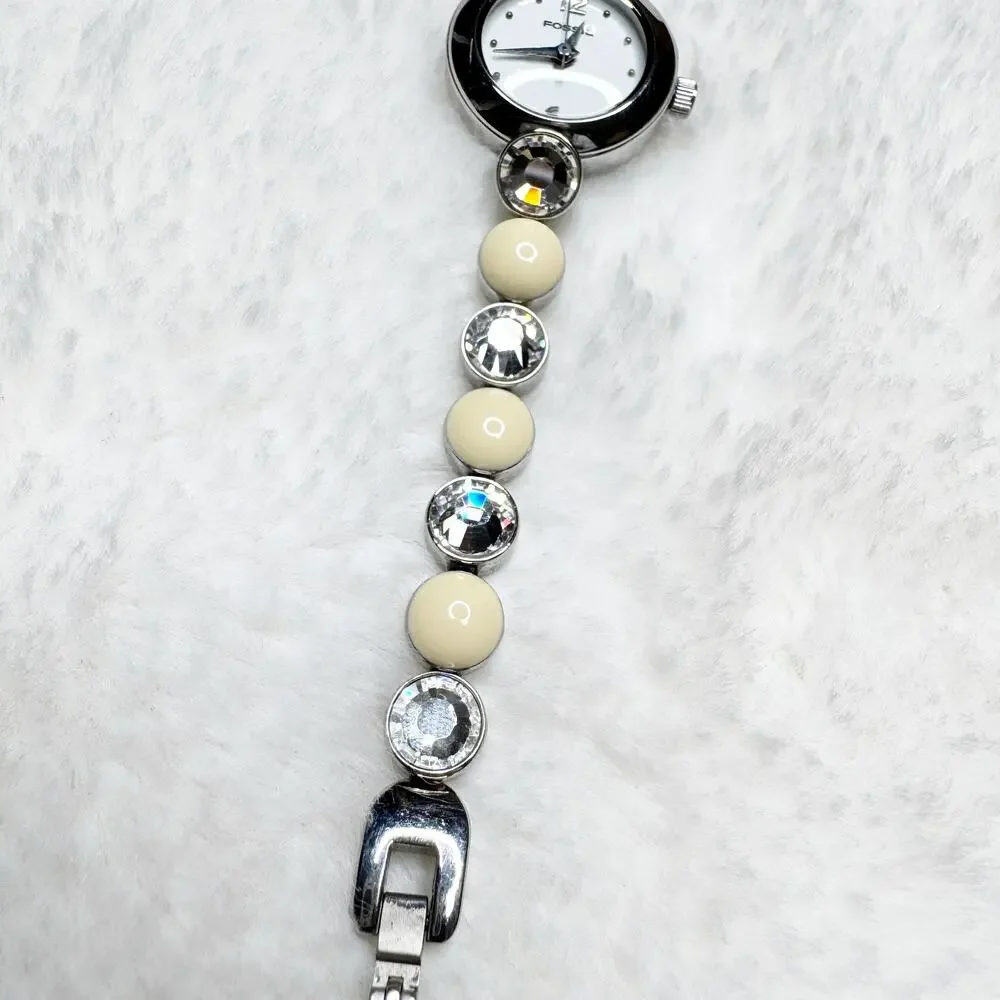 FOSSIL F2 Women's Studded Pearl & Clear Stone Band Silver Metal Watch